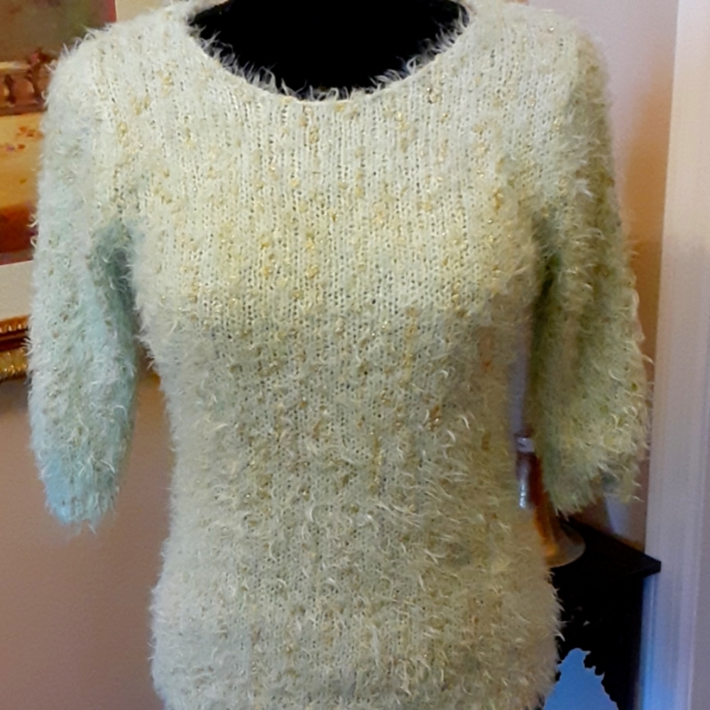ATMOSPHERE seafoam green gold metallic soft fuzzy sweater pullover size 8 EUC